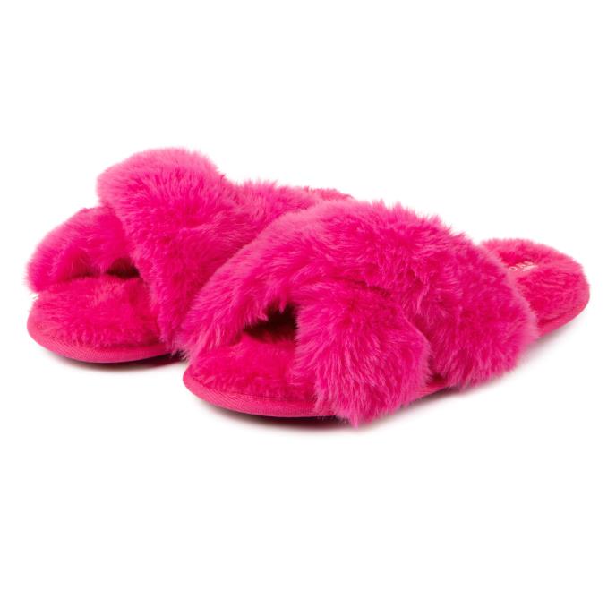 totes Ladies Icons Plush Faux Fur Cross Over Sliders Bright Pink Extra Image 2
